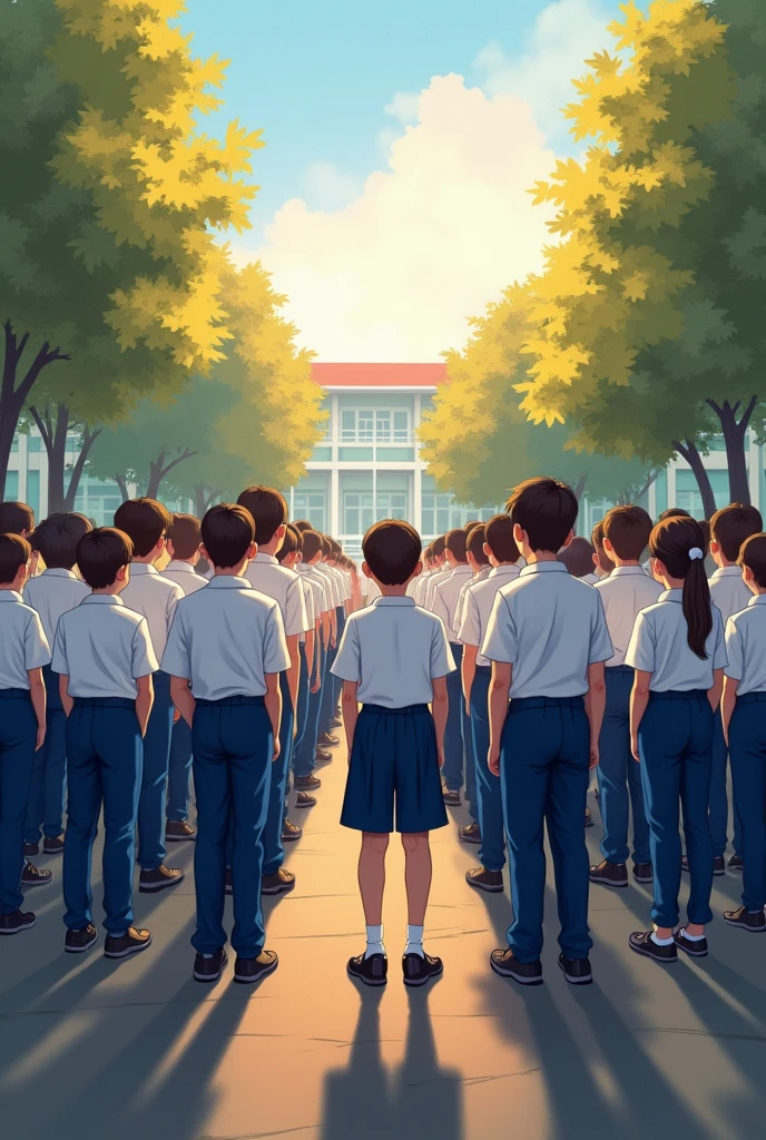 School 
Students are standing in the gound 
 morning assembly boys with blue pants and white shirt 