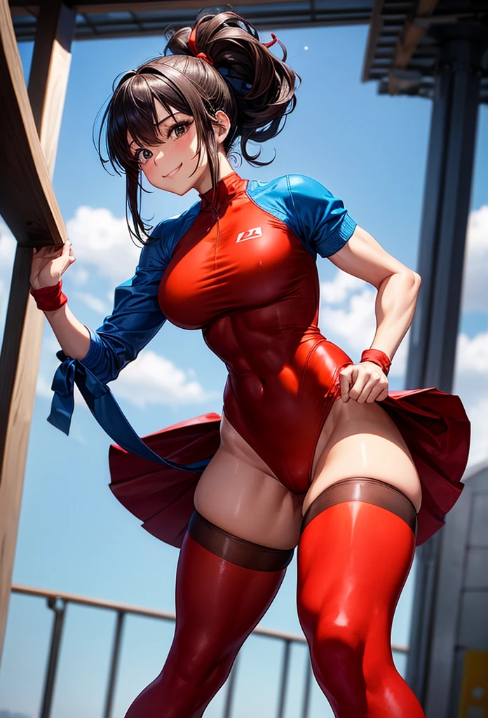 beautiful girl、Big Breasts、Great style、Nice body、Red leotard、Wearing a blue jacket、Leg warmers、Gym Shoes、Bandage、Wearing brown pantyhose、Black Hair、ponytail、ribbon、Muscular、Thinly-skinned abs、Beautiful feet、Are standing、smile