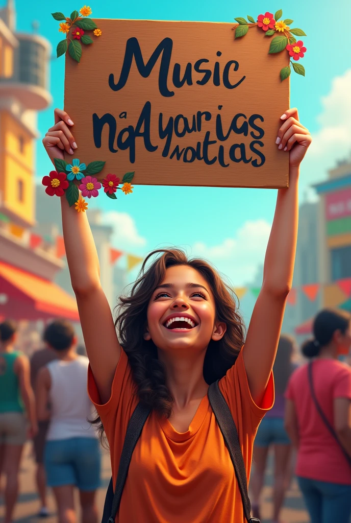 A girl enjoying music holding a sign saying sertanejos nacionales by kah 