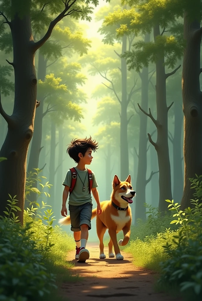 the boy walk with dog in the forest,stylish pose.realist.