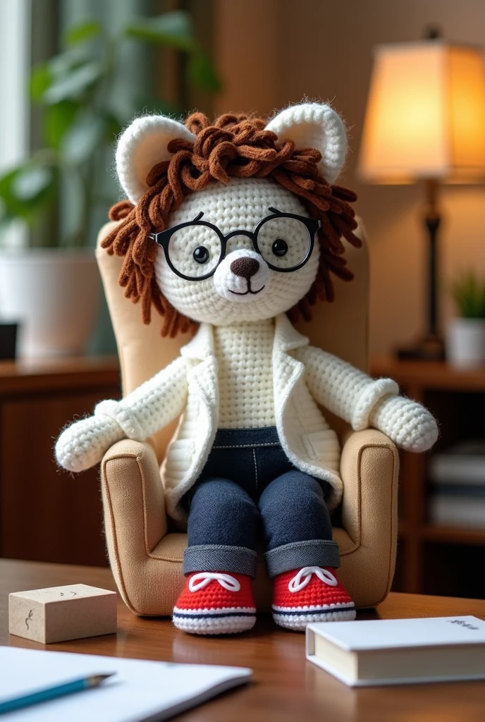 Create amigurumi psychology style, white ,BROWN HAIR, camisa white se croche, dark jeans, red al star tennis shoes, sitting in a comfortable chair in the office, with block in hand, with glasses.