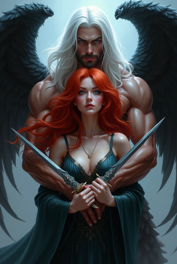 Create a beautiful red-haired woman with blue eyes who is holding daggers in both hands and behind her is a handsome prince of hell., attractive and imposing with black wings, long white hair and lilac eyes who is hugging her