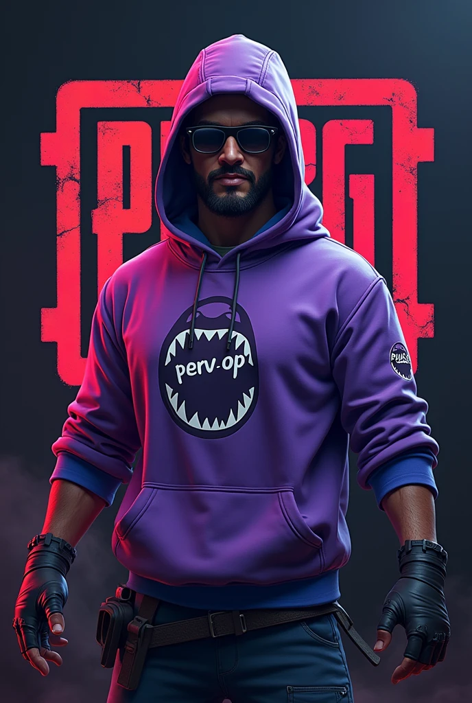 Create a pubg logo. Here add purple bape hoodie character and write name "PERV OP".