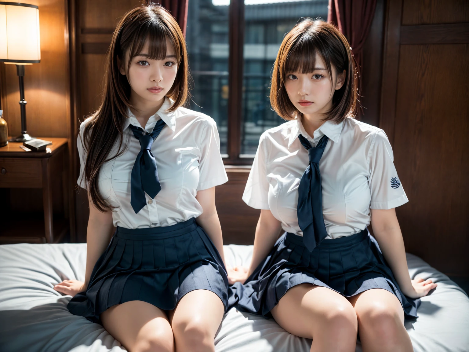 (RAW photo, 4k, masterpiece, high resolution, extremely complex) (realistic: 1.4), cinematic lighting
((2 girls, 2 schoolgirls)),Slam Dunk's,blushing,((innocent)),(Dark makeup),bright eyes,round eyes,blunt bangs,(short bob hair:1.3),black hair,large breasts,wide hips,Summer Noon, ,Hot, (Best Quality), (Highres), (an Extremely Delicate and Beautiful),(Beautiful 8k face),(Brown eyes),short bob hair,( spectators),(gigantic breasts),(Play with each other,Touching each other's bodies,Touching the body),(Japanese high school uniform:1.3),blue skirt,(reality),bright lighting,(The background is a luxury hotel room)