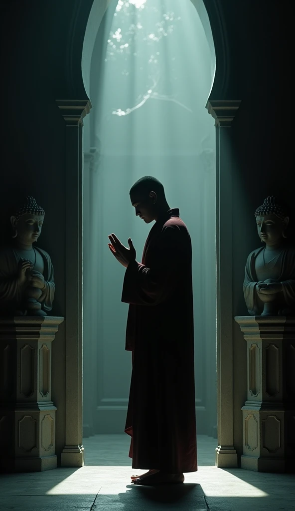 realistic photography, fantasy, profile shot, taken from the side, on one side you can see a statue of Buddha and on the other a standing monk with his head bent down in prayer, dark background and surroundings, a small amount of light enters the room through the window behind the statue creating a Tyndall effect and thus illuminating part of the statue and the monk, atmospheric mood of peace and quiet