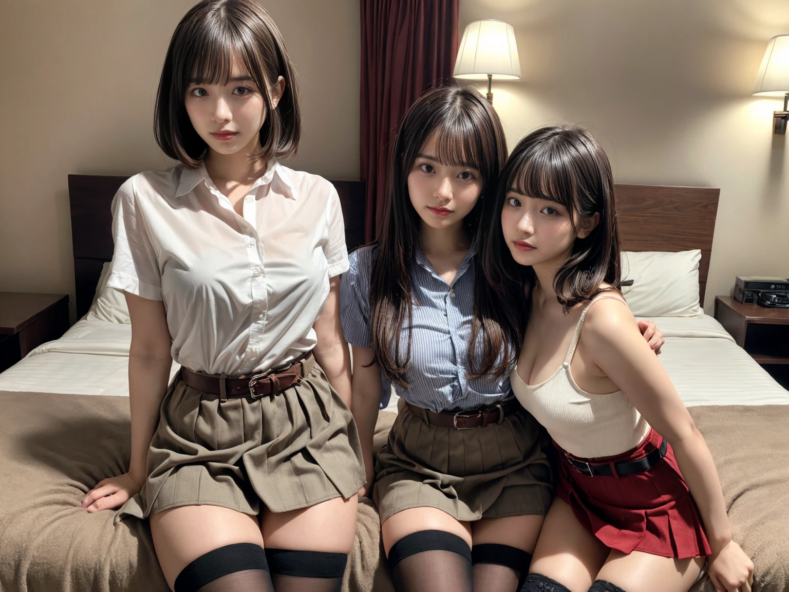 masterpiece, best quality, illustration, Super detailed, fine details, High resolution, 8K,wall paper, perfect dynamic composition,(Details High quality, realistic depiction of eyes:1.3), (2 girls), holster, bobby, Cutter shirt, a belt, suspenders, pleated skirt, garterbelts, knee high Stockings, sitting, open legs, short bob hair, in a hotel room in the background, deep on field, large breasts, black hair color, Big Natural Color Lip, (perfect body shape), crying a little、Harajuku style、20 year old girl、cute type、beautiful legs, Gravure Idol