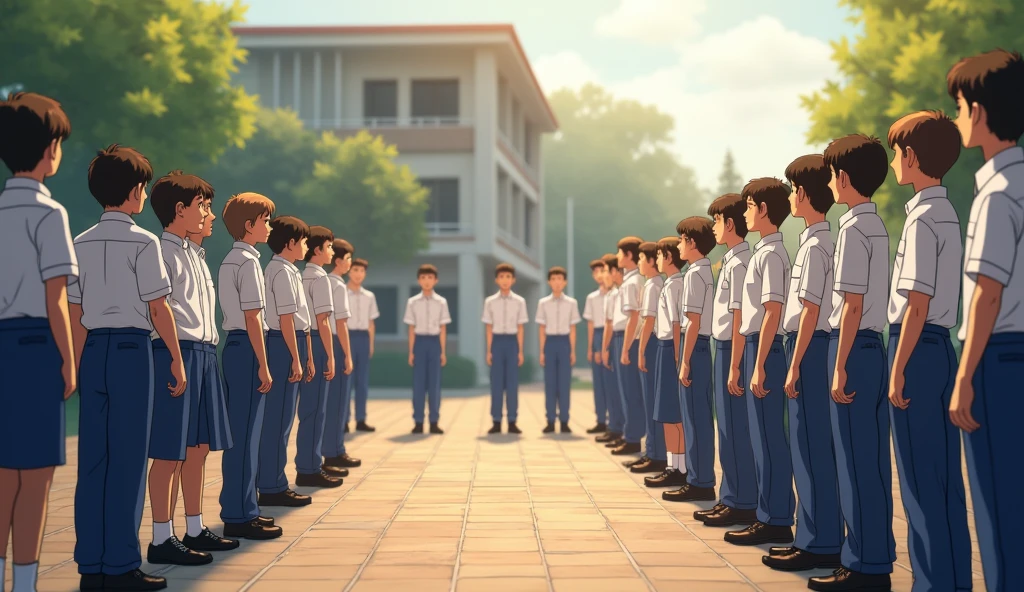 School
Students are standing in the gound
morning assembly boys with blue pants and white shirt