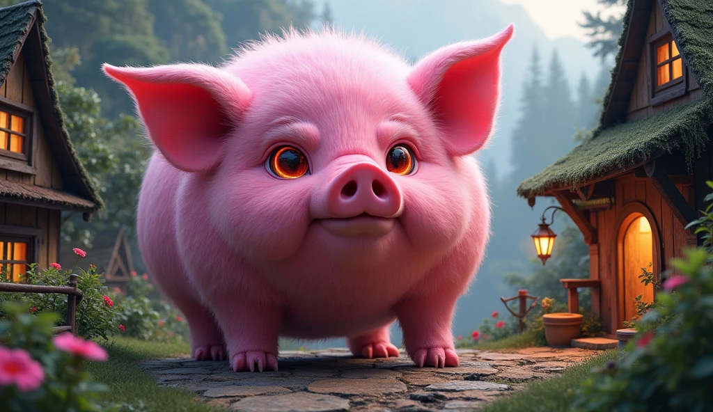 a pink pig, 1 meter tall, mystical creature, fierce glowing eyes, small village background, mythical world, (best quality,4k,8k,highres,masterpiece:1.2),ultra-detailed,(realistic,photorealistic,photo-realistic:1.37),hyper realistic,intricate details,dramatic lighting,vibrant colors,cinematic composition