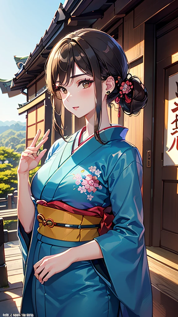 ((1girl, female, European woman, pale skin, brown hair, long hair, makeup, pierced ears, jewelry, green kimono, kimon:1.2)),(masterpiece), (((highest quality))), ((Super detailed)), (16K Highest quality wallpaper:1.4), (Upper Body:1.6), High resolution, (Highly detailed and subtle illustration style:1.8), Detailed skin texture, Detailed cloth texture, green kimono, Very detailed explanation, (Tmasterpiece), (Highly detailed face:1.2), (Very detailed beautiful eyes:1.2), original, RAW Photos, Professional, Intricate details, Super Detail, Direct sunlight:1.6, (Perfect Anatomy:1.4), (Extremely elaborate hands:1.2), (Highly detailed fingers:1.2), (Very dexterous fingers:1.2), (2), Genuine, (alone:1.6), (A traditional Japanese sacred shrine maiden:1.4)), (long flowing green kimono), (Beautiful and well-shaped medium breasts:1.2), (Beautiful and shapely butt), (Clear brown eyes that shine beautifully in every detail:1.6), (Very delicate and detailed brown eyes:1.2), (Highly detailed face:1.4), (smile:1.3), (blush:1.2), (facing viewer, looking forward,) break, (Japan shrine, Colorful and divine々Beautiful traditional shrine maiden costume:1.4), (Traditional Japanese clothing:1.2) break (Highly detailed and beautiful Ise Shrine in Mie Prefecture just after noon in spring in the background:1.6), Ise Shrine:1.2, Torii gate of Ise Shrine:1.2,  The precincts of Ise Shrine:1.2, Very beautiful against the clear sky after noon.:1.2, ((green kimono))