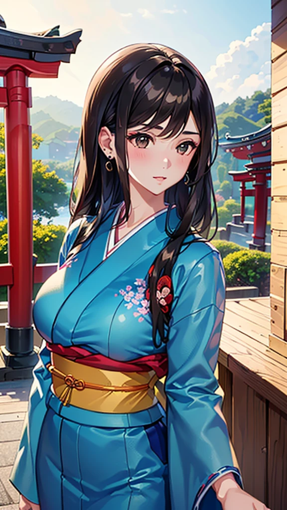 ((1girl, female, European woman, pale skin, brown hair, long hair, makeup, pierced ears, jewelry, green kimono, kimon:1.2)),(masterpiece), (((highest quality))), ((Super detailed)), (16K Highest quality wallpaper:1.4), (Upper Body:1.6), High resolution, (Highly detailed and subtle illustration style:1.8), Detailed skin texture, Detailed cloth texture, green kimono, Very detailed explanation, (Tmasterpiece), (Highly detailed face:1.2), (Very detailed beautiful eyes:1.2), original, RAW Photos, Professional, Intricate details, Super Detail, Direct sunlight:1.6, (Perfect Anatomy:1.4), (Extremely elaborate hands:1.2), (Highly detailed fingers:1.2), (Very dexterous fingers:1.2), (2), Genuine, (alone:1.6), (A traditional Japanese sacred shrine maiden:1.4)), (long flowing green kimono), (Beautiful and well-shaped medium breasts:1.2), (Beautiful and shapely butt), (Clear brown eyes that shine beautifully in every detail:1.6), (Very delicate and detailed brown eyes:1.2), (Highly detailed face:1.4), (smile:1.3), (blush:1.2), (facing viewer, looking forward,) break, (Japan shrine, Colorful and divine々Beautiful traditional shrine maiden costume:1.4), (Traditional Japanese clothing:1.2) break (Highly detailed and beautiful Ise Shrine in Mie Prefecture just after noon in spring in the background:1.6), Ise Shrine:1.2, Torii gate of Ise Shrine:1.2,  The precincts of Ise Shrine:1.2, Very beautiful against the clear sky after noon.:1.2, ((green kimono))