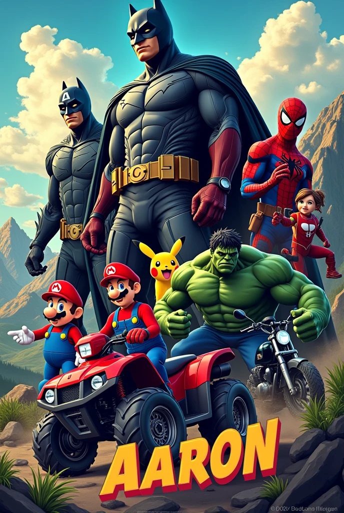 Poster format paysage avec uniquement les personnages : Batman, Spiderman, Hulk, Captain América, Super Mario Bros, Pikachu, un quad, une moto et le prénom Aaron