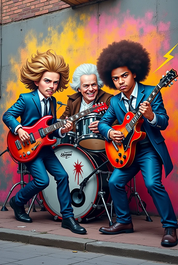 Create a cartoon graffiti mural with 3 characters from: beethoven,mozarth, bruno mars playing rock instruments