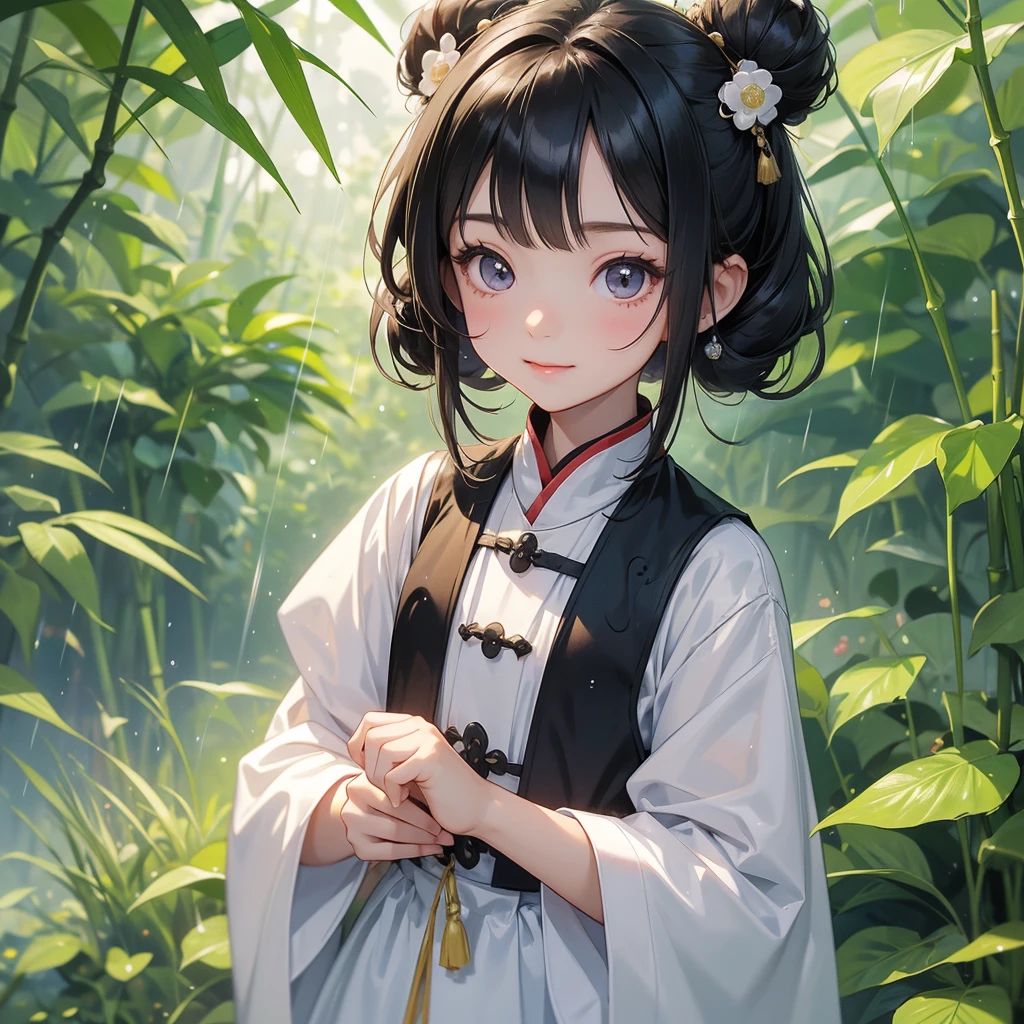 A chibi child girl had a small face and Wearing white little Taoist priest's outfit. A pair of big round eyes shone with curiosity about him. This child was so cute! ,her hair is black with two buns on her hair.small chibi, chibi baby, smiling,The little chibi baby looked up with his chest raised, and his face was old and proud.
The back is a lush green bamboo forest. The air after rain has water droplets splashing around.