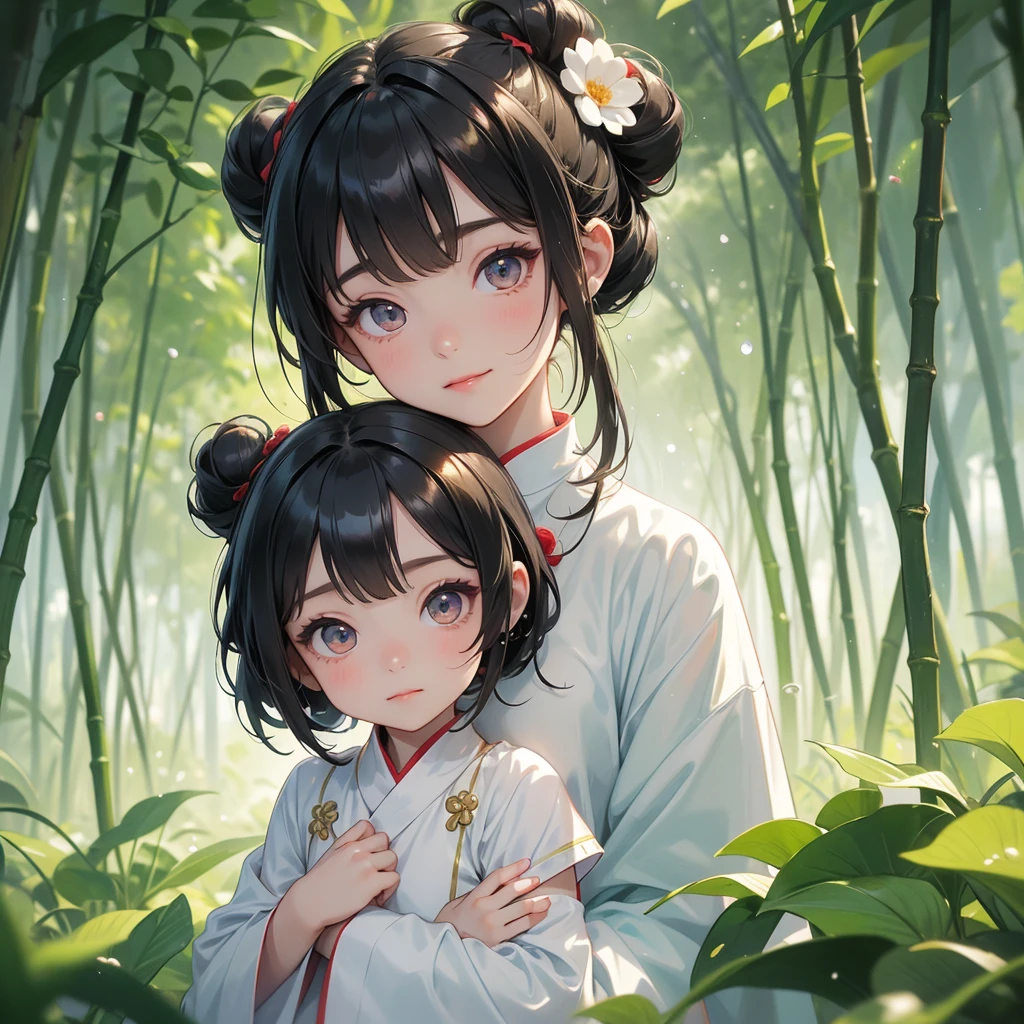 A chibi child girl had a small face and Wearing white little Taoist priest's outfit. A pair of big round eyes shone with curiosity about him. This child was so cute! ,her hair is black with two buns on her hair.small chibi, chibi baby, smiling,The little chibi baby looked up with his chest raised, and his face was old and proud.

The back is a lush green bamboo forest. The air after rain has water droplets splashing around.