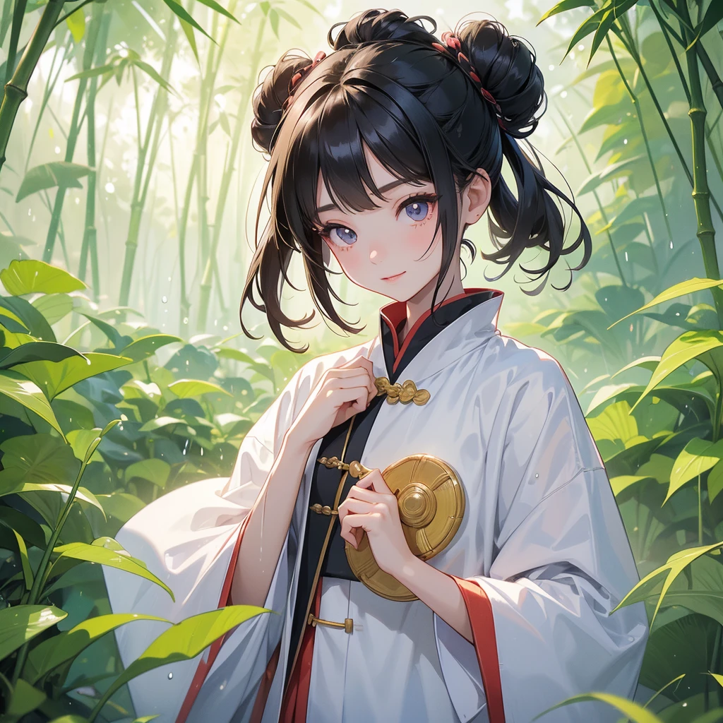 A chibi child girl had a small face and Wearing white little Taoist priest's outfit. A pair of big round eyes shone with curiosity about him. This child was so cute! ,her hair is black with two buns on her hair.small chibi, chibi baby, smiling,The little chibi baby looked up with his chest raised, and his face was old and proud.

The back is a lush green bamboo forest. The air after rain has water droplets splashing around.