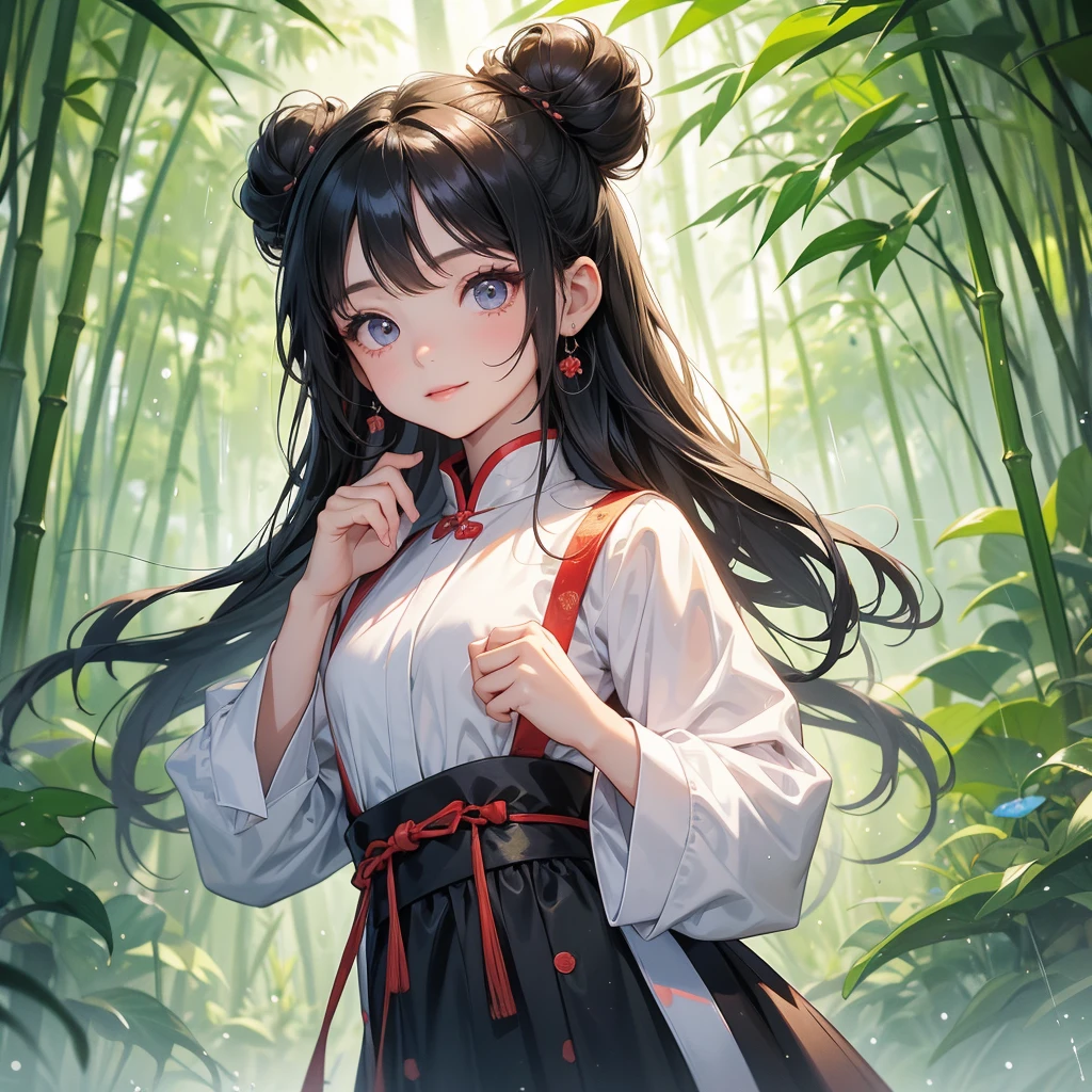 A chibi child girl had a small face and Wearing white little Taoist priest's outfit. A pair of big round eyes shone with curiosity about him. This child was so cute! ,her hair is black with two buns on her hair.small chibi, chibi baby, smiling,The little chibi baby looked up with his chest raised, and his face was old and proud.
The back is a lush green bamboo forest. The air after rain has water droplets splashing around.