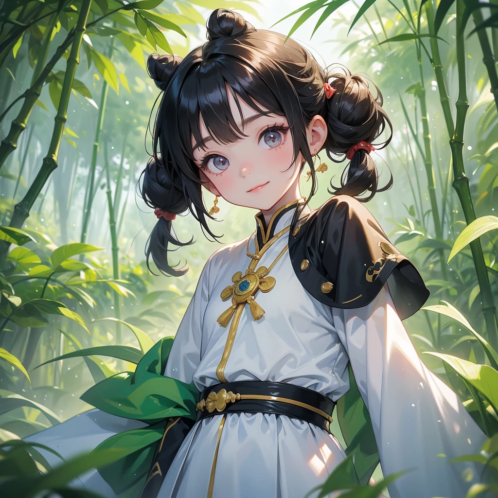 A chibi child girl had a small face and Wearing white little Taoist priest's outfit. A pair of big round eyes shone with curiosity about him. This child was so cute! ,her hair is black with two buns on her hair.small chibi, chibi baby, smiling,The little chibi baby looked up with his chest raised, and his face was old and proud.
The back is a lush green bamboo forest. The air after rain has water droplets splashing around.