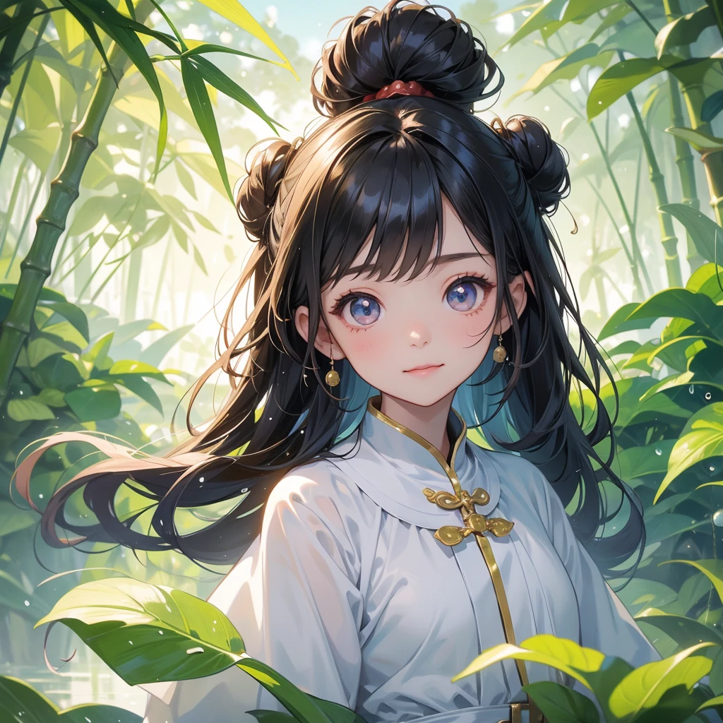 A chibi child girl had a small face and Wearing white little Taoist priest's outfit. A pair of big round eyes shone with curiosity about him. This child was so cute! ,her hair is black with two buns on her hair.small chibi, chibi baby, smiling,The little chibi baby looked up with his chest raised, and his face was old and proud.
The back is a lush green bamboo forest. The air after rain has water droplets splashing around.