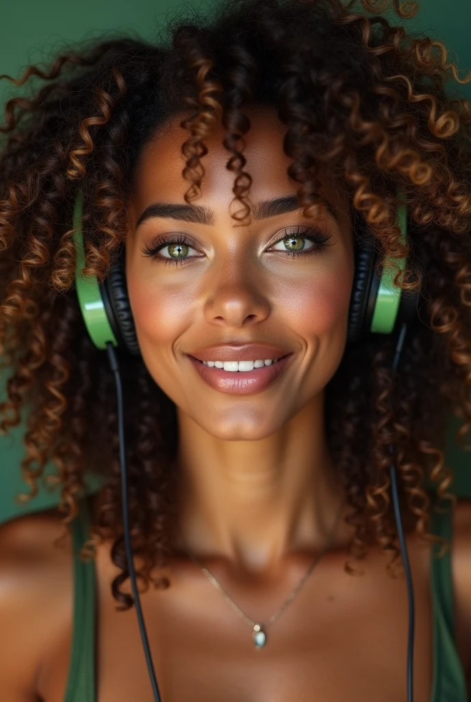 beautiful colombian milf 40 yo with big  and curly hair and green eyes, wearing a headphone