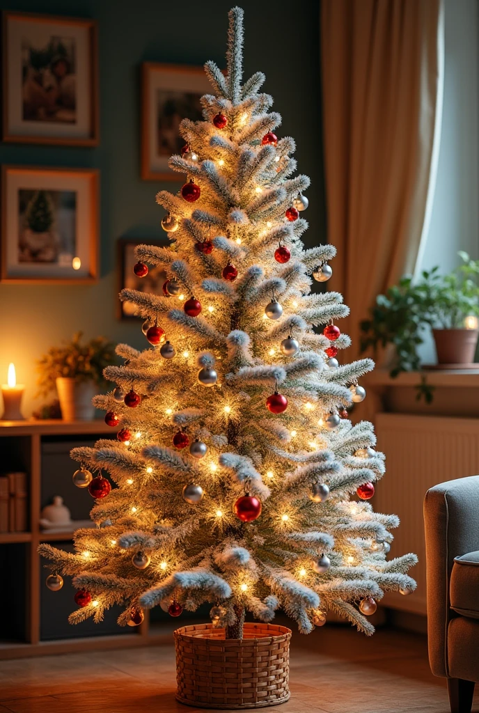 Create a 155cm flocked christmas tree with 6 clusters onaments 3 each and few pinecones