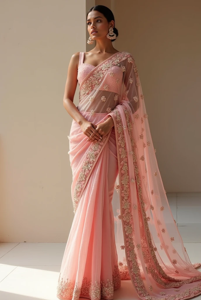 Saree Details:
Color: Cherry Blossom Pink (a soft, pastel pink shade reminiscent of cherry blossoms)
Fabric: Organza and Net (a combination of sheer, lightweight fabrics that will give the saree a flowy, ethereal quality)
Embroidery: Intricate embroidery featuring a mix of pearls, sequins, crystals, and beads in a modern, geometric pattern. The embroidery will be densely packed to create a luxurious, high-end look.
Design: The saree will feature a modern, abstract design with a mix of floral and geometric motifs. The embroidery will be scattered throughout the saree, with a focus on the pallu (the decorative end of the saree) and the borders.
Extra Dupatta: A matching cherry blossom pink dupatta with a subtle, tone-on-tone embroidery will be included to complement the saree. The dupatta can be draped over the head.