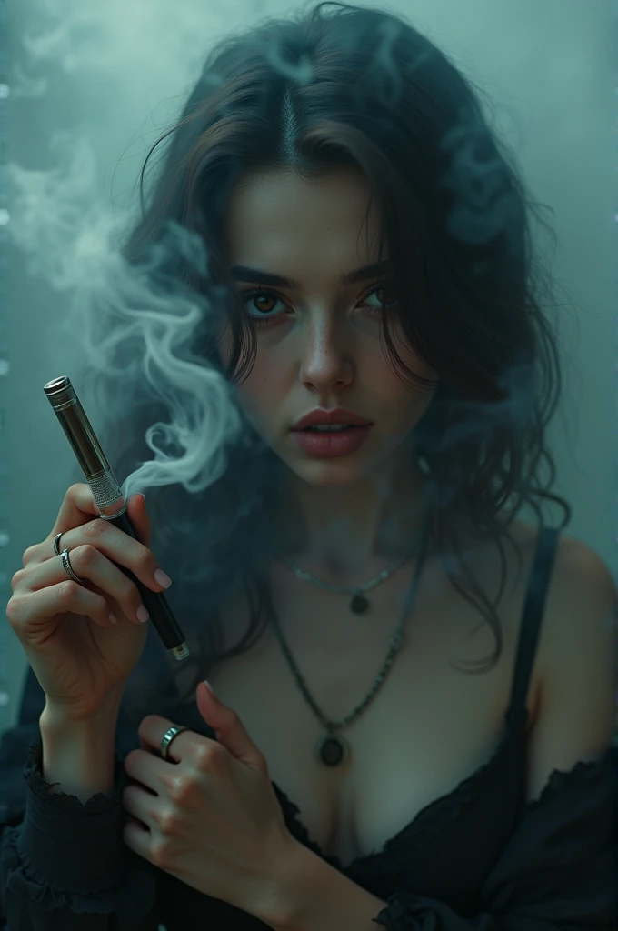 Beautiful woman surrounded by smoke holding meth pipe