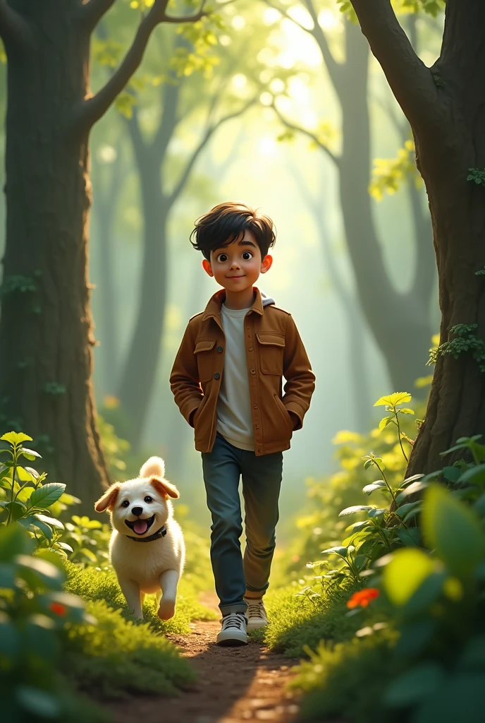 the boy walk with dog in the forest,stylish pose,realistic.