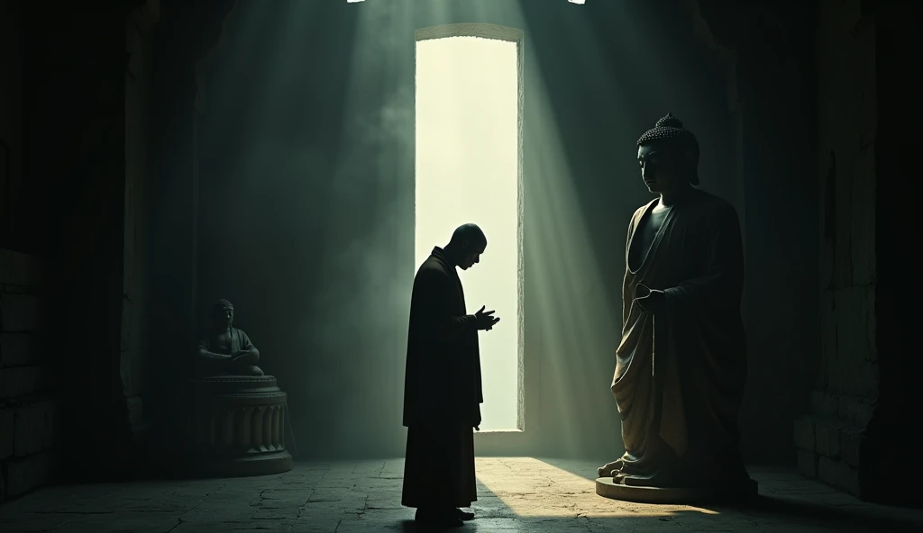 realistic photography, fantasy, profile shot, taken from the side, on one side you can see a statue of Buddha and on the other a standing monk with his head bent down in prayer, dark background and surroundings, a small amount of light enters the room through the window behind the statue creating a Tyndall effect and thus illuminating part of the statue and the monk, atmospheric mood of peace and quiet