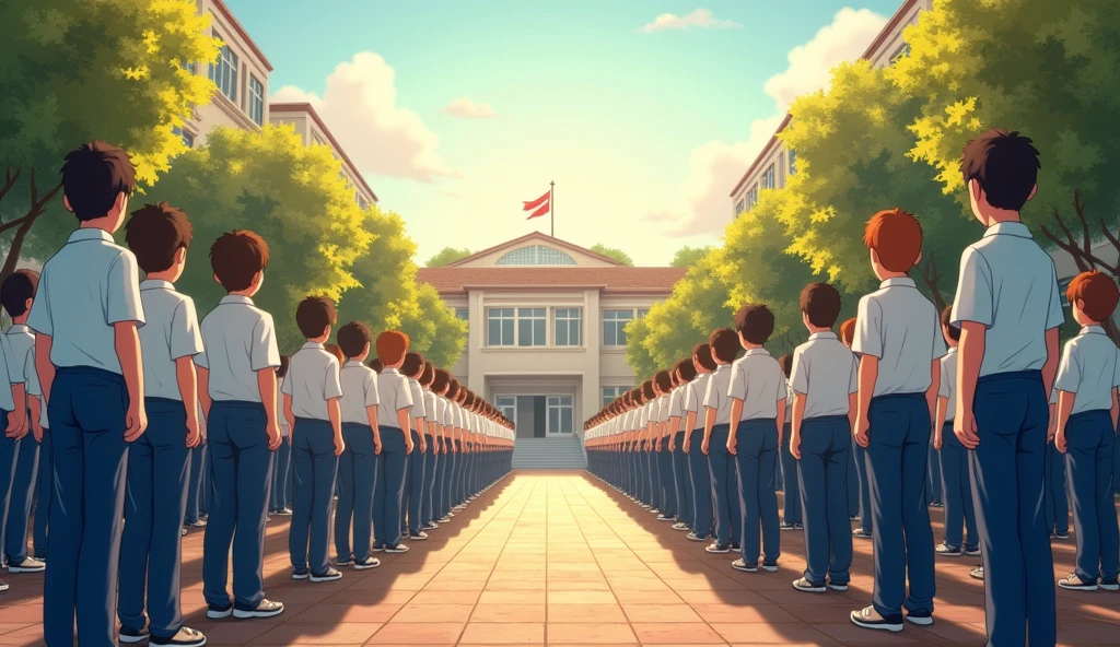 School
Students are standing in the gound
morning assembly boys with blue pants and white shirt