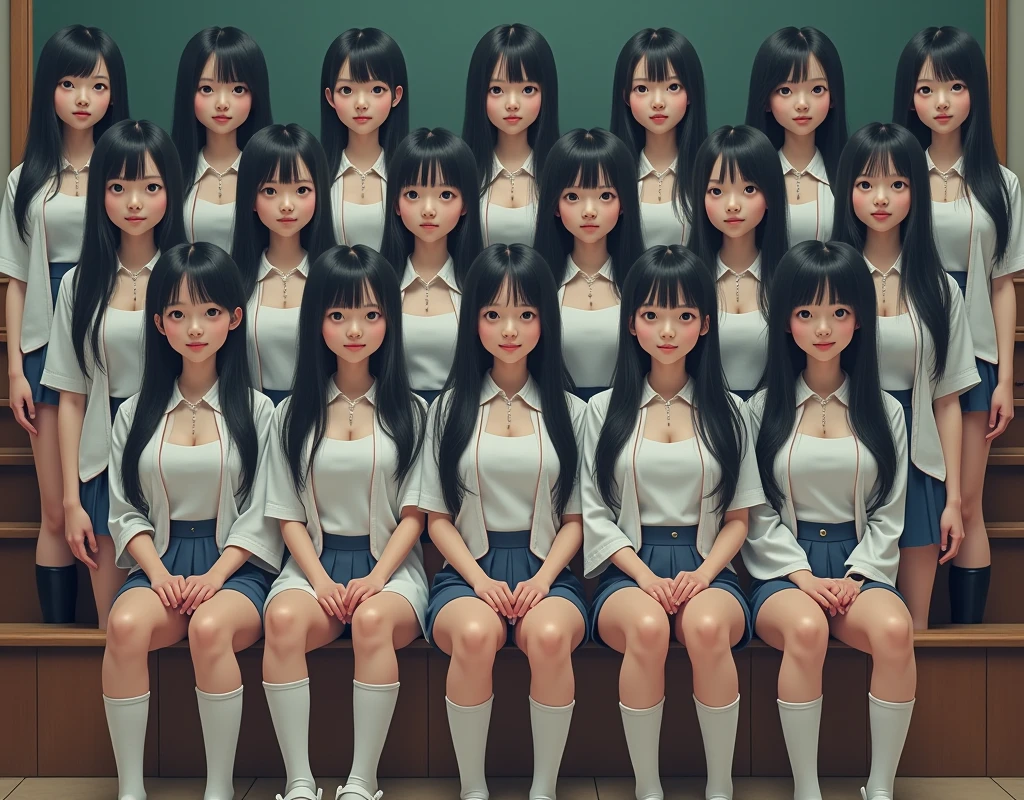 (Japanese Clone-girls=Myself), (Super Best masterpiece Clone-girls Raw Photography Art), (16K, Highest quality, Ultra-high resolution, RAW Photos), (It&#39;s so unrealistic., With unparalleled depiction, With an unfathomable sight, An unprecedented and shocking worldview, Clone-girls: In a world of mass reproduction, Ultra-realistic), (Japanese Girls, Suzuki-Rio, 16yo, Small face, Thick black hair, long hair, Dark Eyes, Mature face, Cute Smile, Smiling face, A gentle gaze, Very pleasant look), (Very beautiful detailed girls, Accurate body structure, Accurate body movements, Very detailed body, (Super big breasts, Large bulge of ample breasts)), ((Schoolgirl uniform, Short sleeve, mini skirt, Emphasise the fullness of your breasts)), (Very detailed, Myself cloning, Depiction of splitting oneself, 1Myself girl→1,000,000,000,000,000,000,000,000,000,000Myself cloning girls), (Myself clone girlsは, With the same perfect appearance, to multiply in large numbers), (Very detailed depiction, Myself&#39;s multiplying female body, In the same female body,With the same face, With the same hairstyle, In the same clothes, At the same height, 同じSuper big breastsで, A completely indistinguishable female body, 1,000,000,000,000,000,000,000,000,000,000 people), (Myself girls only), (Academy, academic level, Commemorative photo depiction, Tiered stage photography, Happy smile, Front view)