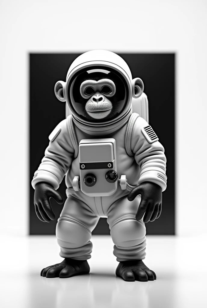 3d digital art, image of a monkey in an astronaut&#39;s outfit and helmet, rich in detail, best qualityer, black and white color image, with a square behind the monkey in black and white gradient, white background image