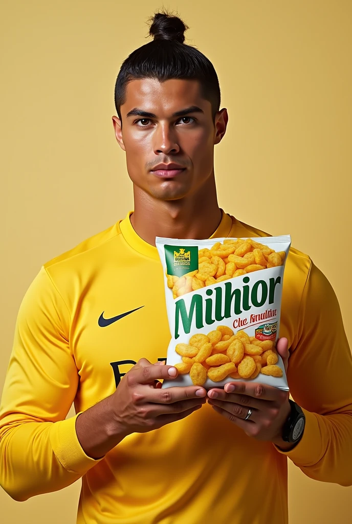Cristiano Ronaldo is the poster boy for a brand of corn snacks, holding the branded product "milhior"