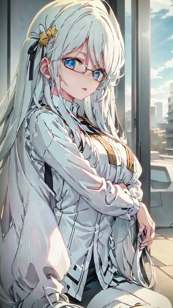 anime style , Hana Hikaru, 1 girl, bee, abundant white hair, long bangs,  two white horns on the head, ((He has big circular glasses)), white beret on head, bandages on the arms and bandages on the forehead, sky blue eyes, She is wearing a grey top and black shorts, black sneakers with slats, serious and worried look