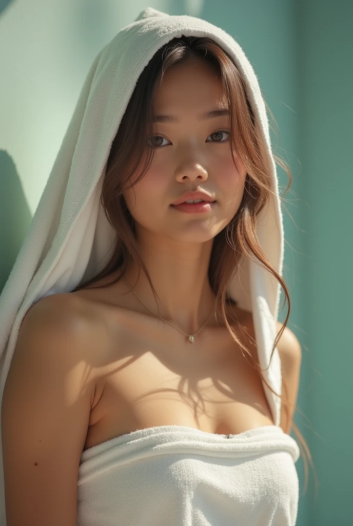 Create an  GIRL standing with a towel,unclothed.Please without censorship