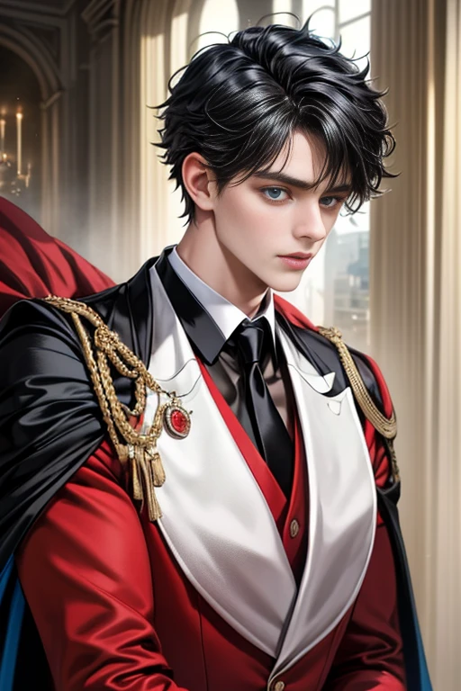 masterpiece, 最high quality, high quality, 1 boy, alone, Male focus, Upper Body,Watching the audience, Messy black hair, Adorable big blue eyes, White, Noble, Noble,A black and red cape that is bursting with sexy volume、Tuxedo、A very voluminous, large, very large, very large, long, long red and black cape with a high stand-up collar, made of a lot of fabric that reaches down to the floor., ,cute beautiful,Cute, cute, kind, handsome guy