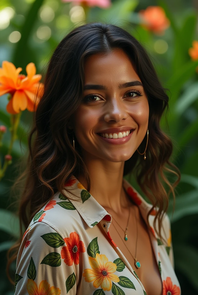A Brazilian woman in a lush tropical garden, wearing an open shirt with a floral print, with a close-up capturing the harmonious beauty between her breasts and the natural flowers, showing off your natural charm and outgoing personality.
