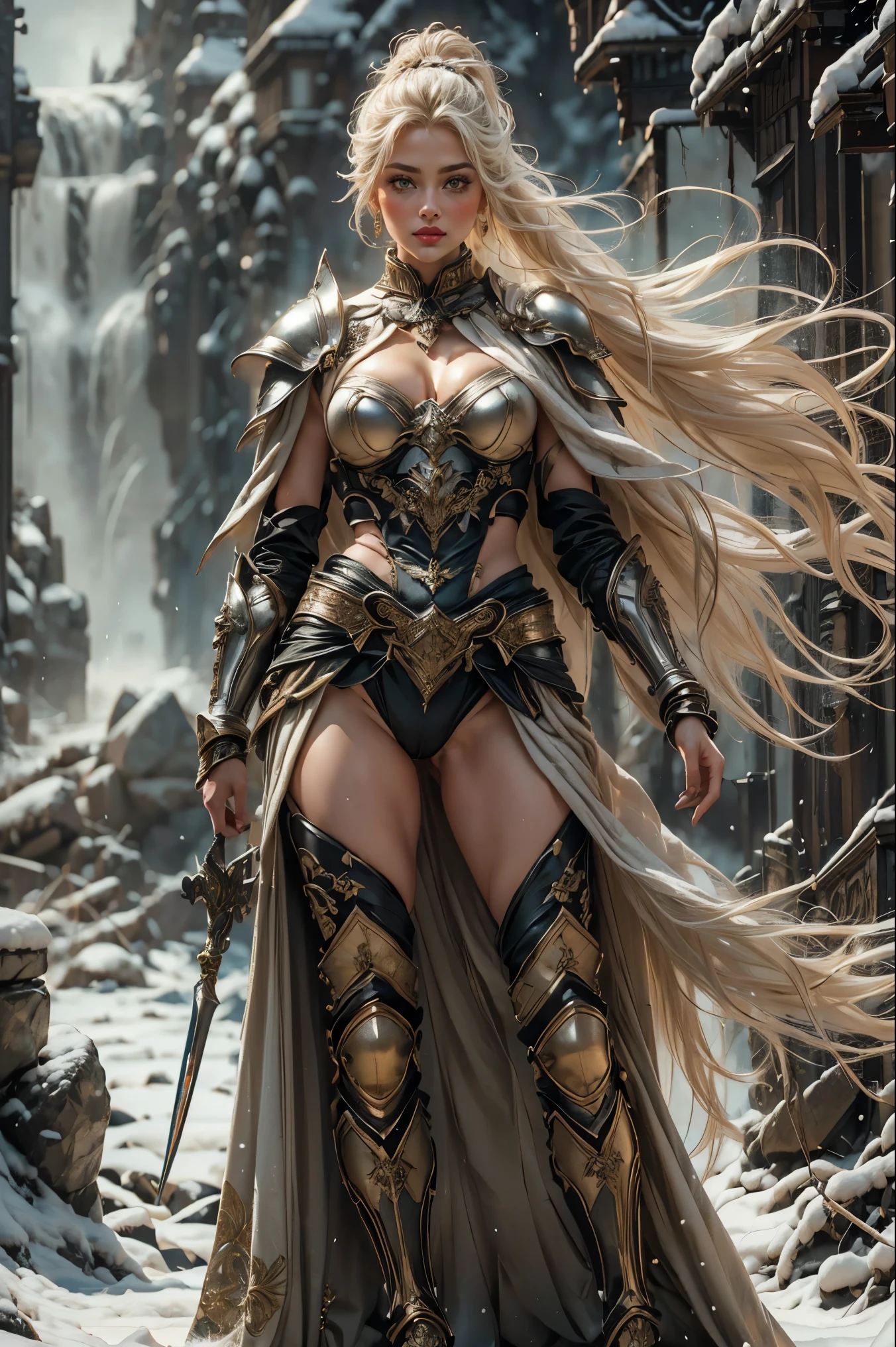 (((full-body))), 1 female warrior, hot body curves, super model, beautiful woman body, beautiful sexy warrior woman photo, (Background with:the rainforest), high ponytails, very long hair detailsblowing in the wind, seen from the front, The sky is mostly cloudy, (((tmasterpiece), (Very detailed CG unified 8k wallpaper), Best quality, light, detailed background, beautidful eyes, Bright pupils, Snow-whiteskin, Redlip (very delicate beautiful), (Beautiful and detailed eyes description), ultra-detailed, masterpiece)),high resolution, ultra-detailed), Bare genitals, Convex, legs are open, Raised sexy, Camel toes, face flushed, (dressed in:very detailed armour with details and a capeblowing in the wind)