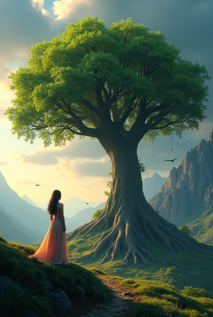 This image features a majestic World Tree, its roots sprawling wide and trunk standing robust, symbolizing the strength and fertility of nature. The tree is adorned with bright green leaves and surrounded by symbols from various cultures, indicating global connectivity and the diversity of life. Far in the distance, a woman gazes at this tree from atop a hill. She wears an elegant long dress, standing tall while looking towards the tree with awe and reverence. The background of the image is a vast mountainous landscape with a dramatic evening sky, adding a mystical ambiance and emotional depth to the composition.
