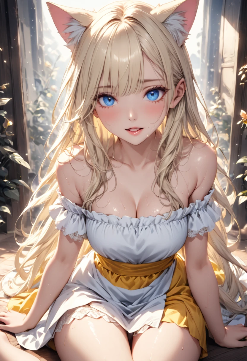 bright expression、photorealisim、top-quality、超A high resolution、a picture、A picture of exquisite beauty, born in Scandinavia、Extraordinary beautiful girl、Detailed cute and beautiful face、(pureerosface_v1:0.008)、Beautiful bangs、alice in the wonderland、18year old、Glowing white shiny skin、Flow of hair that extends to the face、Bangs between the eyes、Super long hair、Attractive light and dark platinum blonde super long straight silky hainer hair、Attractive glowing beautiful bright clear light blue big eyes、White Apron、Yellow dress、eye liner、Double eyelids、Lush bust、2 girls in、Cat's ears、great laughter、a short skirt、White lace underskirt、Pink panty、nsfw、Leg spread、Sweaty、sitting、Low - Angle、Masturbation