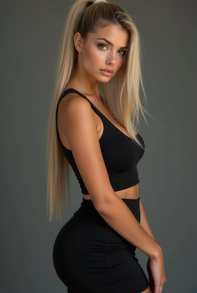 A very realistic and detailed photo of beautiful latina woman,tight black skirt, perfect makeup, long ponytail straight sleek blonde hair, high quality photo 4k, very detailed, perfect fit, looking at the camera, detailed realistic face, detailed brown eyes, confident,