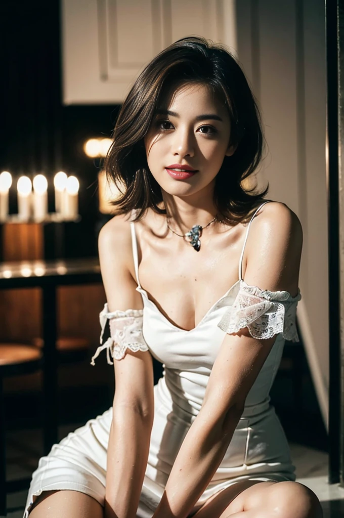 (Skin Dentition), alone, Realistic, Highest quality, Realistic, masterpiece, 8hair, High resolution, alone, Highly detailed face, 30-year-old woman, (High Top Fade: 1.3), Long Hair, Dark Theme, Calm tone, Calm colors, High Contrast, (Natural skin texture, Hyperrealism, Soft Light, sharp), elegant, whole body, ((big: 1.5 dresses, hair, 超High resolution, Highest quality, masterpiece: 1.2), (Realistic, Realistic: 1.37), Super detailed, 30-year-old woman, sexy, alone, Beautifully detailed skies, Open Cafe Terrace Details, night, Sitting, date, (blush), (smile: 1.15), (Mouth closed), (shirt: 1.1), night, Wet, rain, White lace, (short hair: 1.2), Floating NovaFrogStyle, (((Highest quality, 8k, masterpiece: 1.3)), Sharp focus: 1.2, Beautiful woman with perfect style: 1.4, Slim Abs: 1.2, Dark brown hair, (White shirt: 1.1), street: 1.2, Highly detailed face and Skin Texture, Detailed eyes, double eyelid, big: 1.0, Cleavage, mini skirt, hairorean