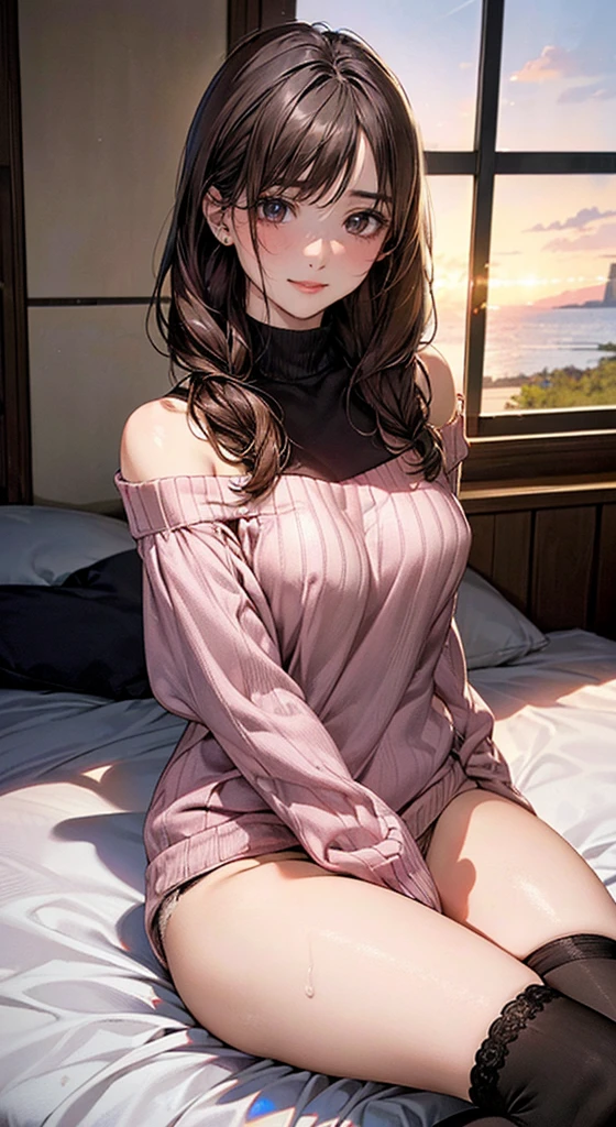 (masterpiece:1.2, Highest quality), (Realistic, photoRealistic:1.4), Beautiful illustrations, (Natural Side Lighting, Cinema Lighting),
View your viewers, whole body, 1 person, Japanese, high school girl, Perfect Face, Cute and symmetrical face, Glowing Skin,
(Mid-length hair, One-sided tail:1.2, Light brown hair), Braided bangs, Asymmetrical bangs, Heart Eyes, (Middle chest, Captivating thighs, Big Ass), Beautiful Hair, Beautiful Face, Beautiful attention to detail, Beautiful clavicle, Beautiful body, Beautiful breasts,Big Breasts、 Beautiful thighs, Beautiful feet, Beautiful fingers, Clothes that are transparent due to sweat、Disheveled Hair、、While reaching climax、Erect nipples、Transparent nipples、
((abdomen, Long sleeve, Light pink off-shoulder sweater, bottomless, Black knee socks)), Lace panties, See-through panties, (Cute smile, Upward glance、Watery eye)、Eyes are hearts、Fatty face、Ahegao、Scrounge
(Beautiful views), evening, Modern Room, Sitting bed, Spread your legs
