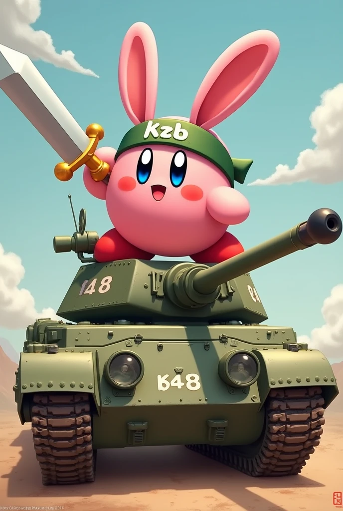 Kirby with rabbit ears is wearing a headband and holding a sword on a tank with the number 648 written on it, and the headband has KZT written on it.