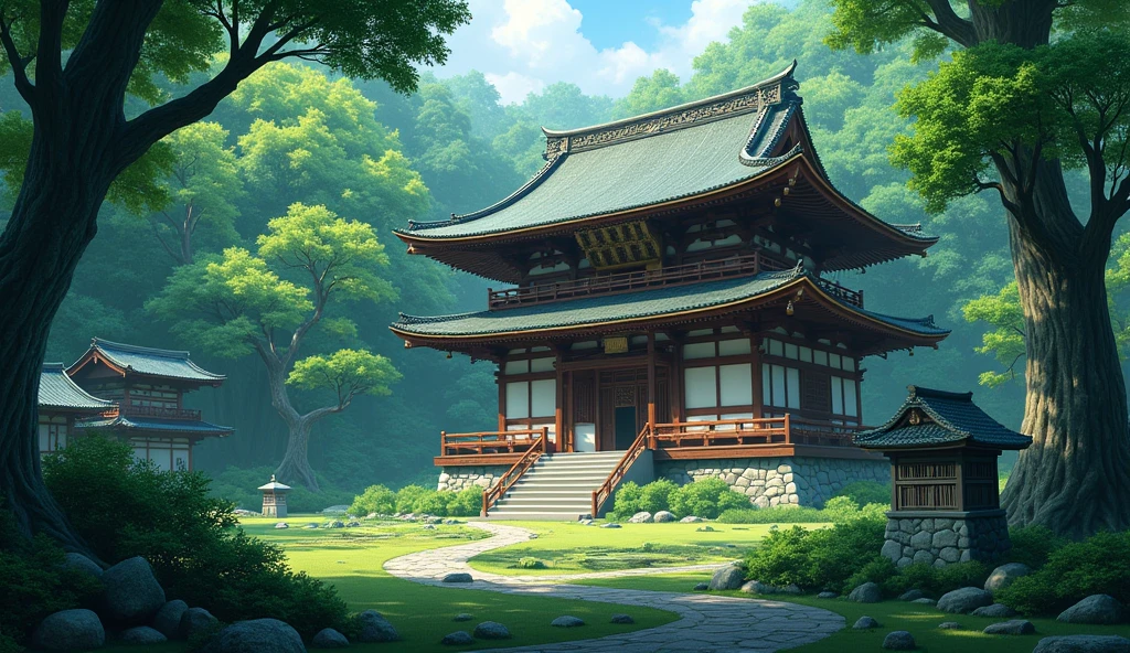 tJapanese temple in the middle of the forest,