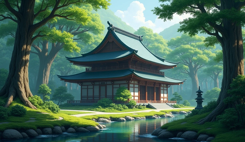tJapanese temple in the middle of the forest,