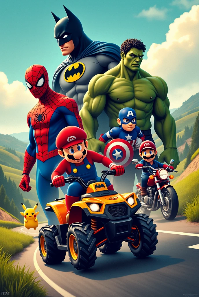 Poster format paysage avec uniquement les personnages : Batman, Spiderman, Hulk, Captain América, Mario Bros, Pikachu, un quad, une moto et le prénom Aaron