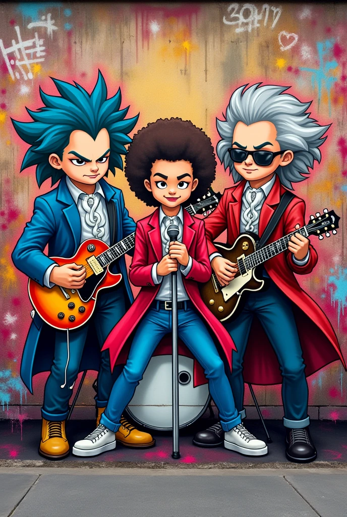 Create a cartoon graffiti mural with 3 characters from: beethoven,mozarth, bruno mars playing rock instruments

