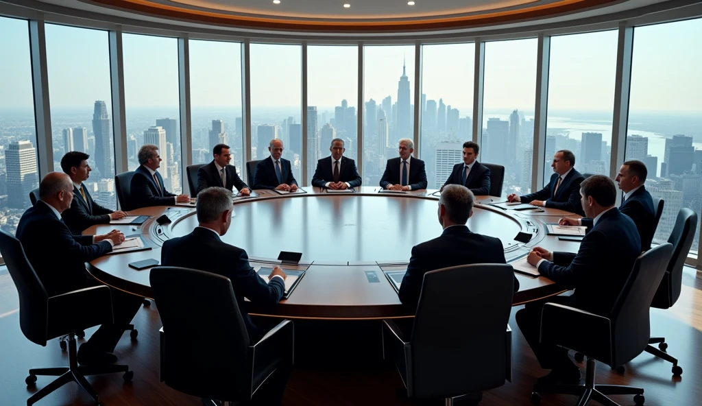 Convention of presidents using their fingerprints and facial recognition at a round table to approve a project. Panoramic view.