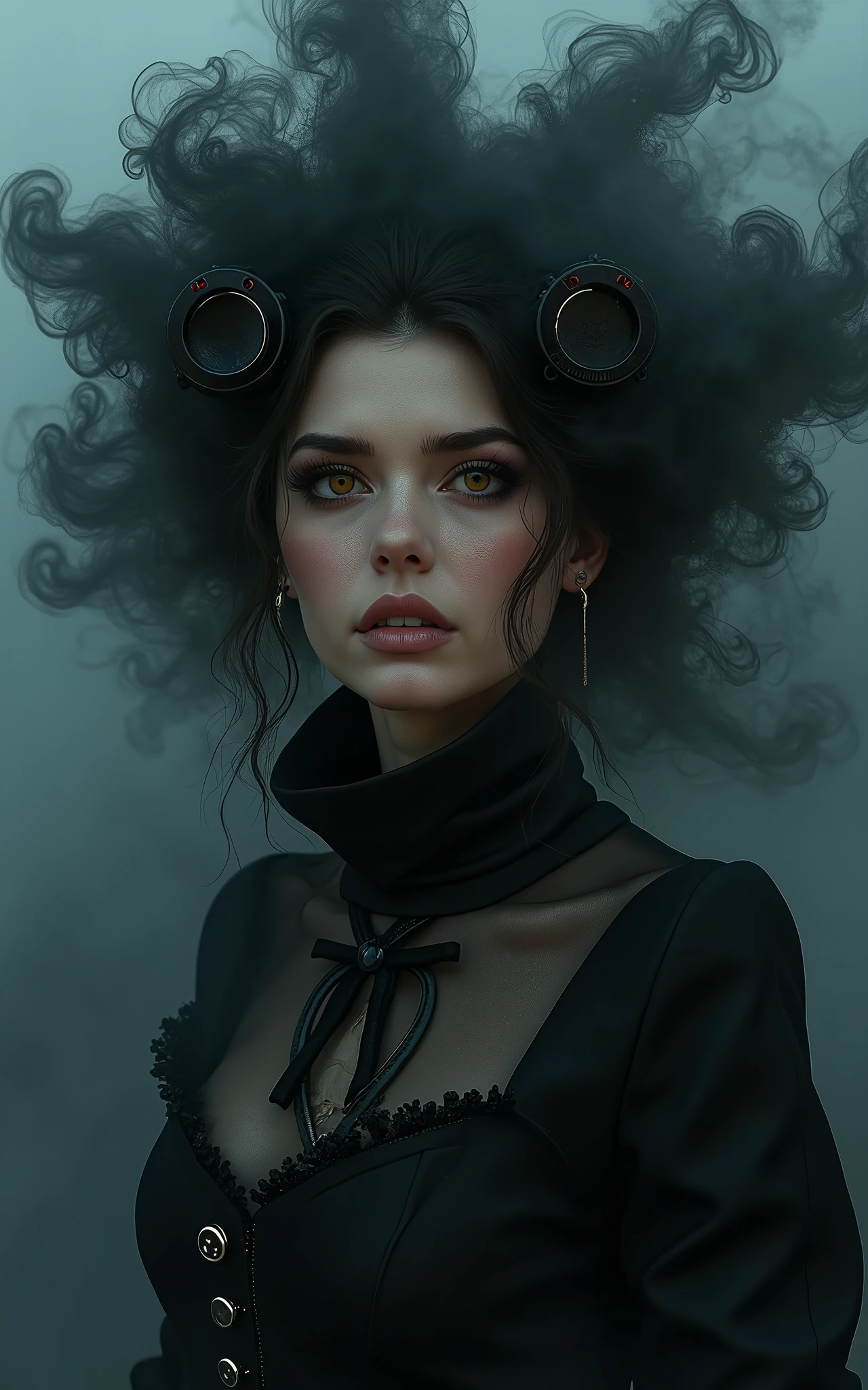 (Evangeline Lilly) is a beautiful charming woman carved out of dark smoke, dressed as a Steampunk girl in black, circular colored smoke, waves of shadows at night, abstract skull ornaments, pixie back fade haircut, soft colors, flat 4d street art in the style of adrian ghenie, esao andrews, jenny saville , edward hopper, surrealism, james jean dark, takato yamamoto, inkpunk minimalism, , detailed symmetrical brown eyes with circular iris, seamless geometric pattern harmony, luminogram, iron gall ink, art by Russ Mills, Sakimichan,, by GIlSam -paio octane rendering depicting innovation and truth, 8k, by Lee Jeffries, depth - Gs studio