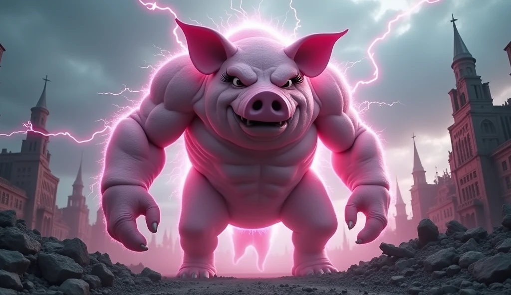 a giant pink electric pig monster in a war-torn ancient city, 50m tall, in a mythical world, (best quality,4k,8k,highres,masterpiece:1.2),ultra-detailed,(realistic,photorealistic,photo-realistic:1.37),extremely detailed eyes and face,longeyelashes,muscular body,fearsome expression,electricity arcing across its body,crumbling ruins,destroyed cityscape,ominous cloudy sky,dramatic lighting